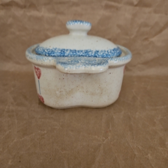 VintageTEAMSON 1996 Sponge Blue Pink Hearts Country Oven Stoneware Bowl Lid Knob - Picture 4 of 7